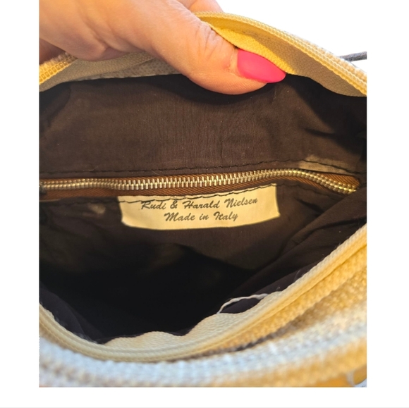 Italian Light Beige Woven Fabric Shoulder Bag With Brown Leather Strap - Picture 8 of 8